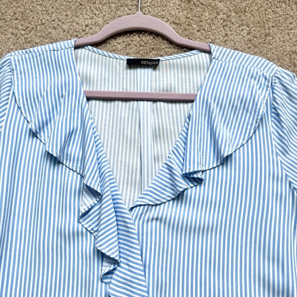 RENUAR Woman Long Sleeves Button Down Striped Shirt With Ruffles Cotton‎ Size L - Picture 2 of 8
